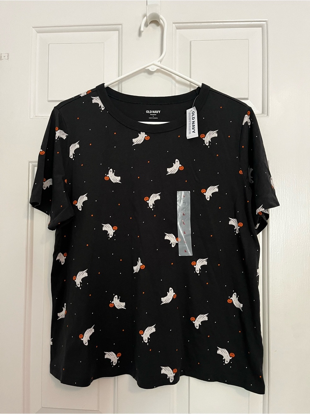 NWT! Old Navy Black Short-Sleeve Shirt with White Ghost & Orange Pumpkin Print